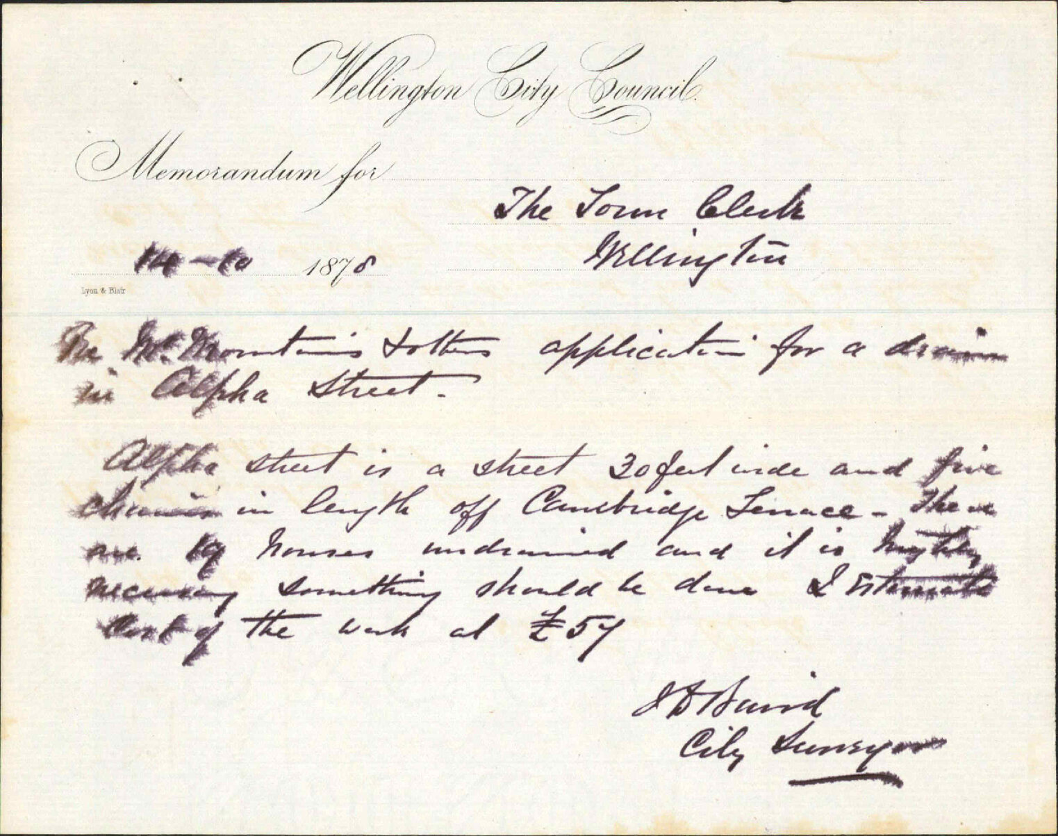 Re memo to Town Clerk re application for drain in Alpha Street - J J Baird (City Surveyor)