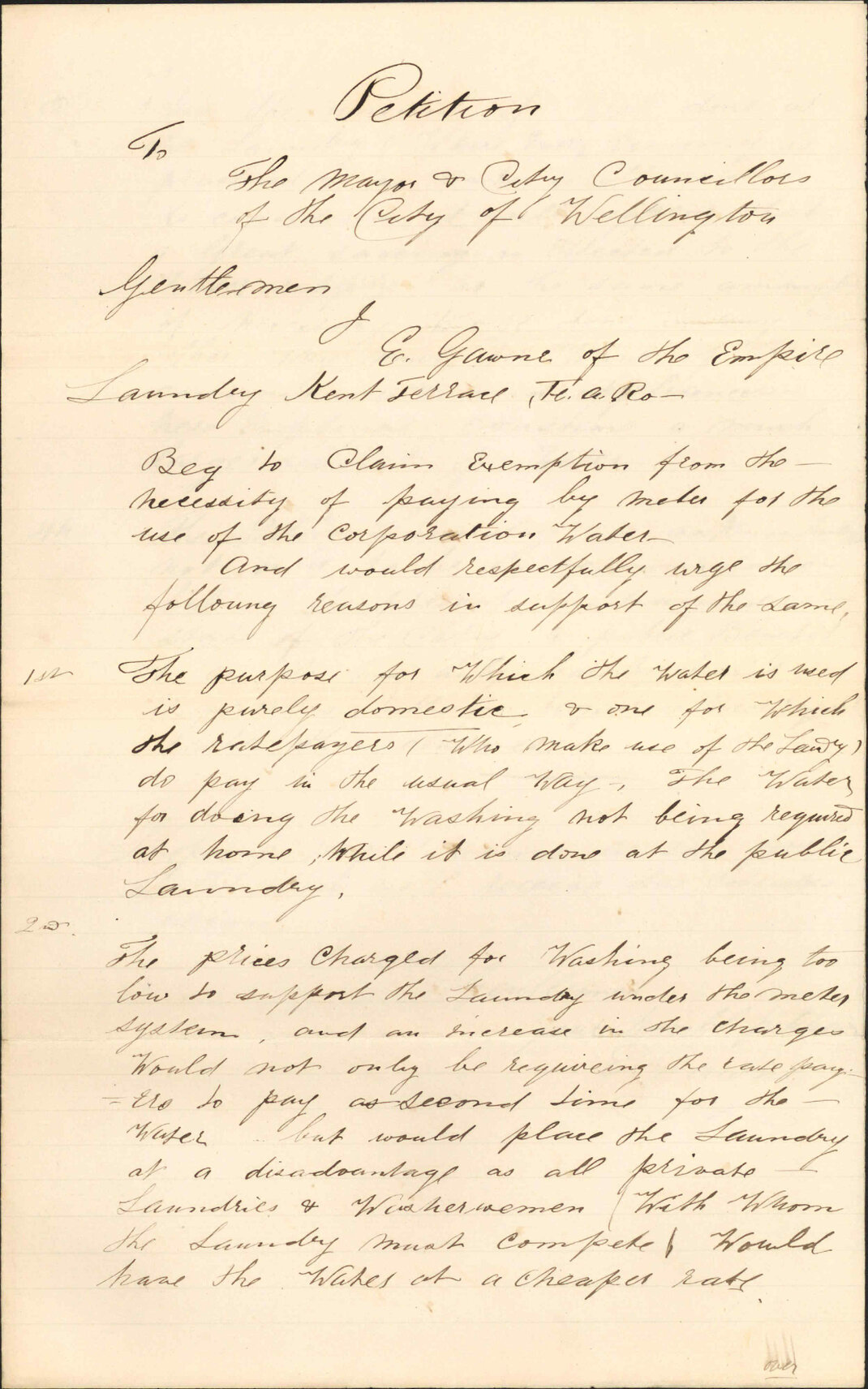 Re petition re metered water supply to Empire Laundry - E Gawne