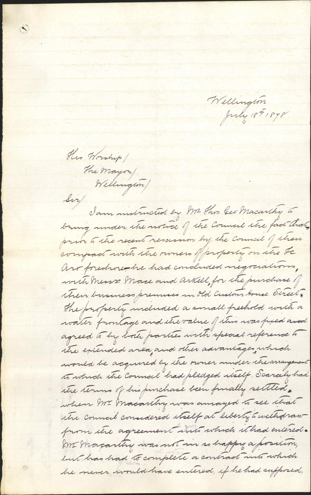 Re claim by Mr McCarthy, Te Aro Reclamation - F W Oliver