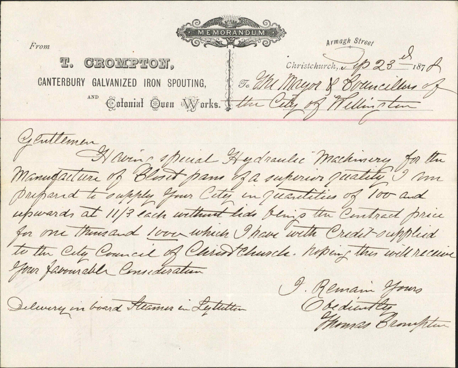 Offering supply of goods - Thomas Crompton