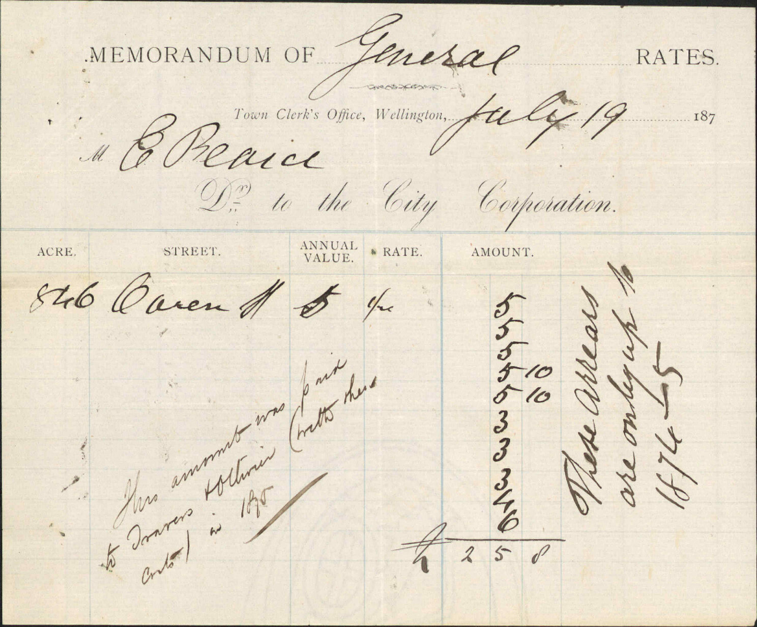 (1) Rates Arrears Notice for E Beaid, Town Acre 846, Owen Street - Town Clerk's Office, (2) Re arrears on property, Town Acre 846, Owen Street - E Pearce