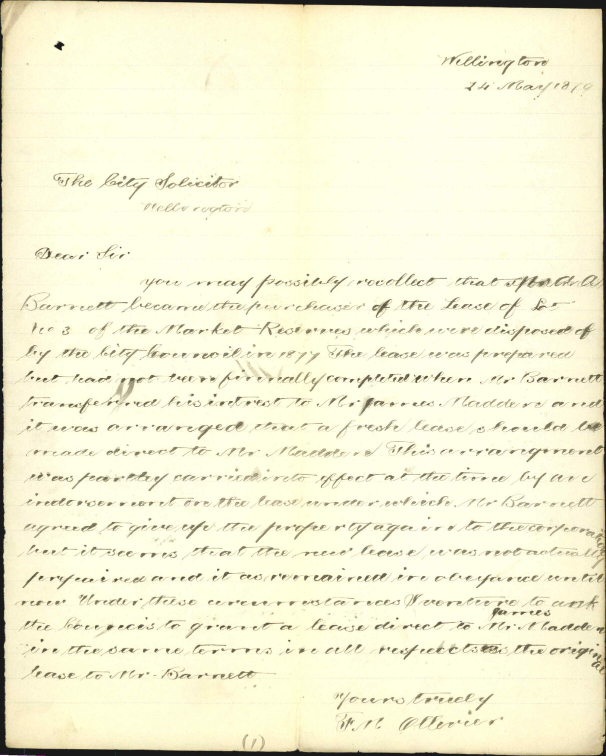 Re dispute between F M Ollivier and Barrett and lease of Market Reserve - City Solicitor
