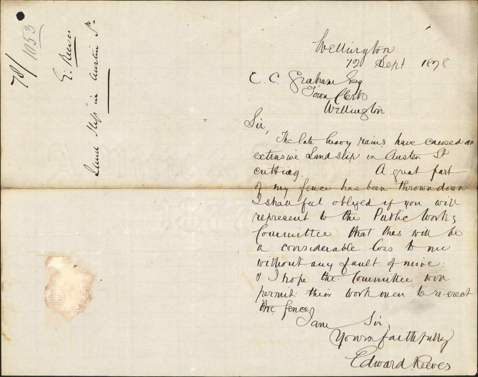 (1) Letter to City Surveyor re land slip, Austin Street - Edward Reeves (2) Reporting land slip in Austin Street affecting his property - Edward Reeves
