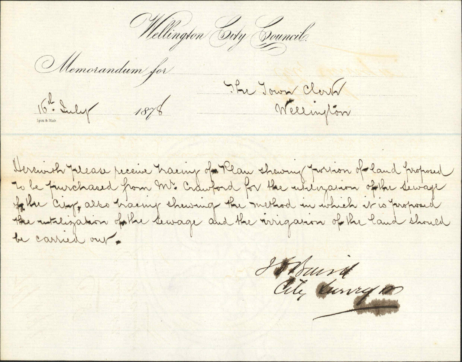 Memo to Town Clerk re tracings of land to be purchased from J C Crawford - City Surveyor