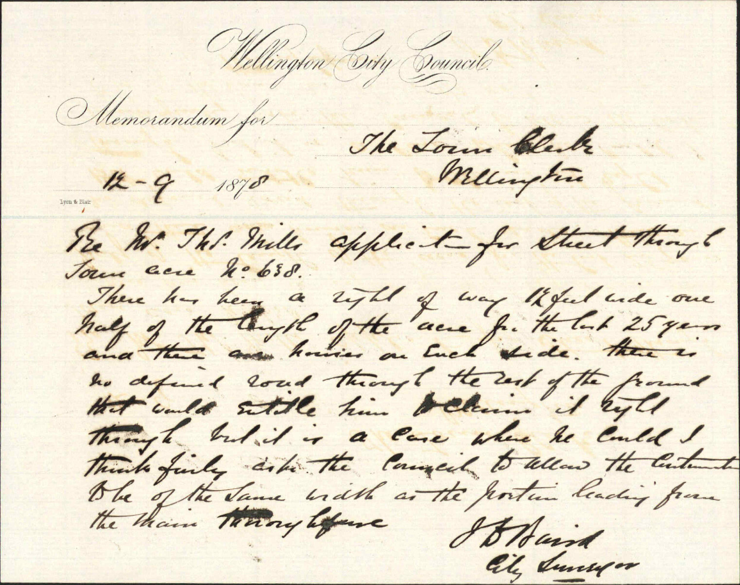 Re memo to Town Clerk re Thomas Mill's application for a street running through Town Acre 638 - J J Baird (City Surveyor)