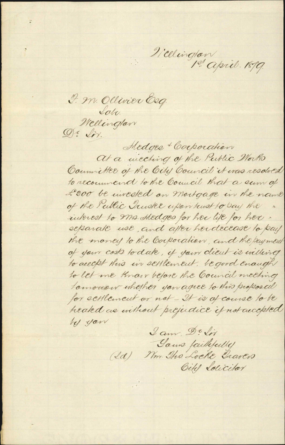 Re request for a &pound;75 donation to top up funds of institution - Wellington Benevolent Institution