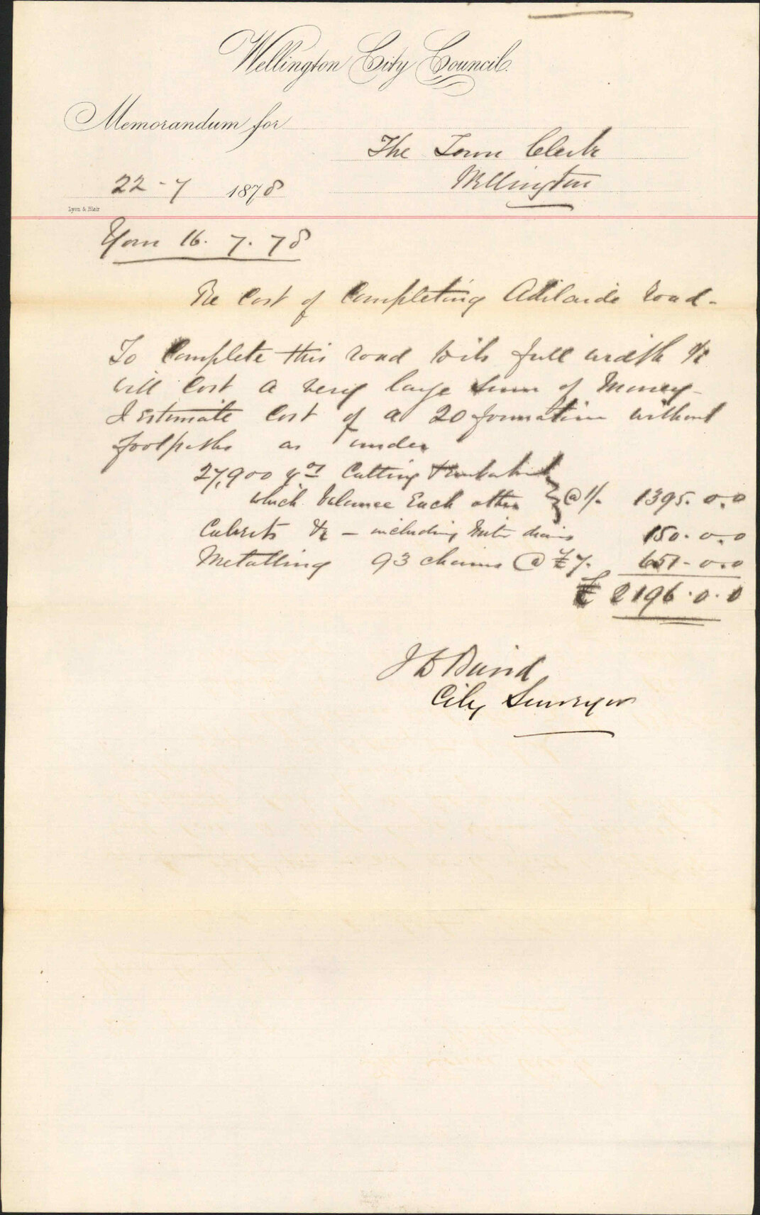 Re memo to Town Clerk re cost of completing Adelaide Road - City Surveyor