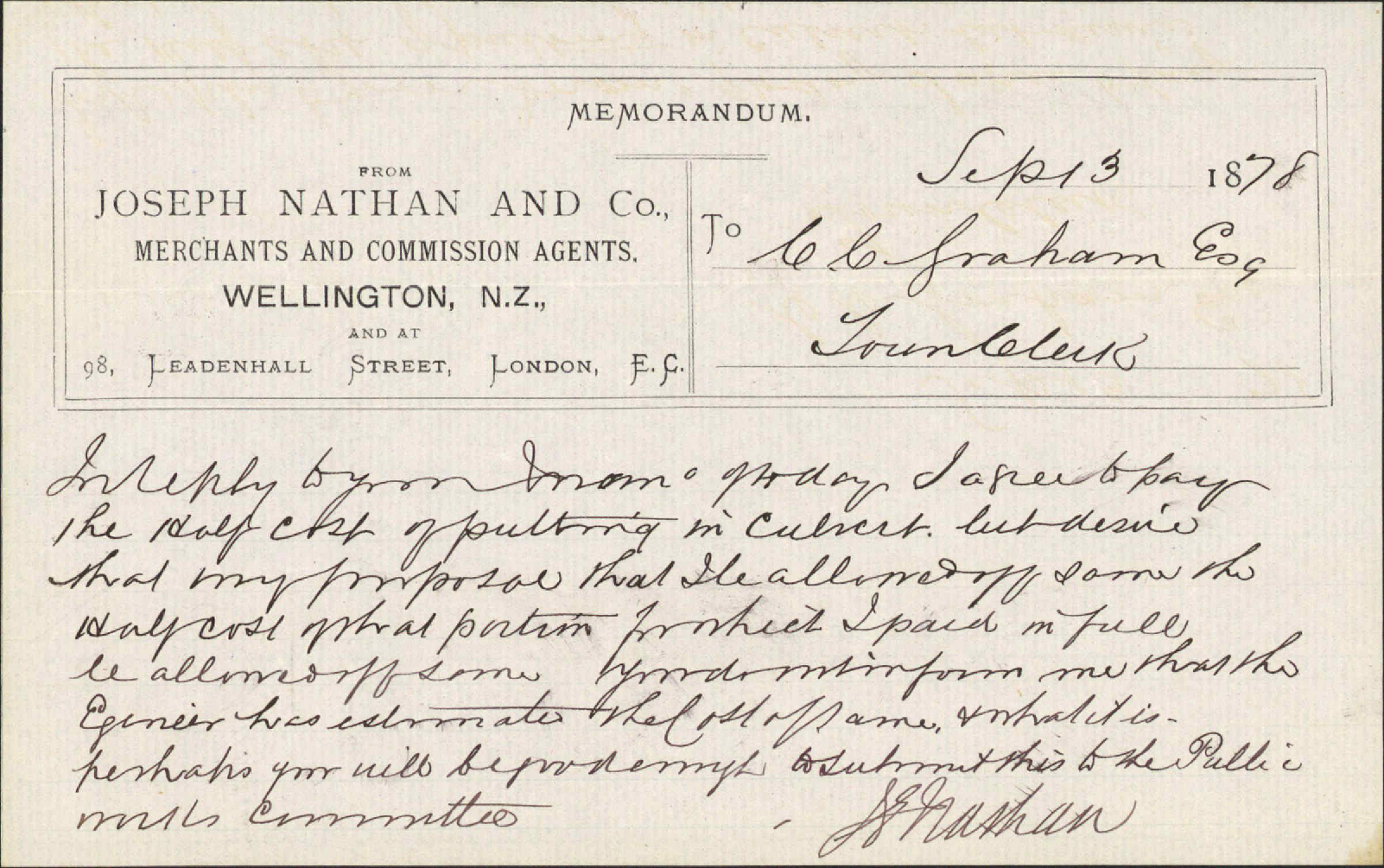 Re agreeing to pay half cost re culvert, Tinakori Stream - Joseph Nathan and Co