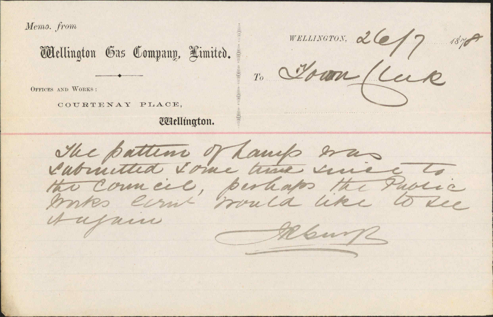 Re street lamps - Wellington Gas Company