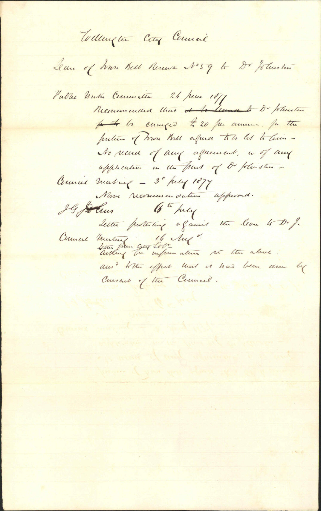 Re report of loan of Town Belt Reserve 59 to Dr Johnston - Town Clerk