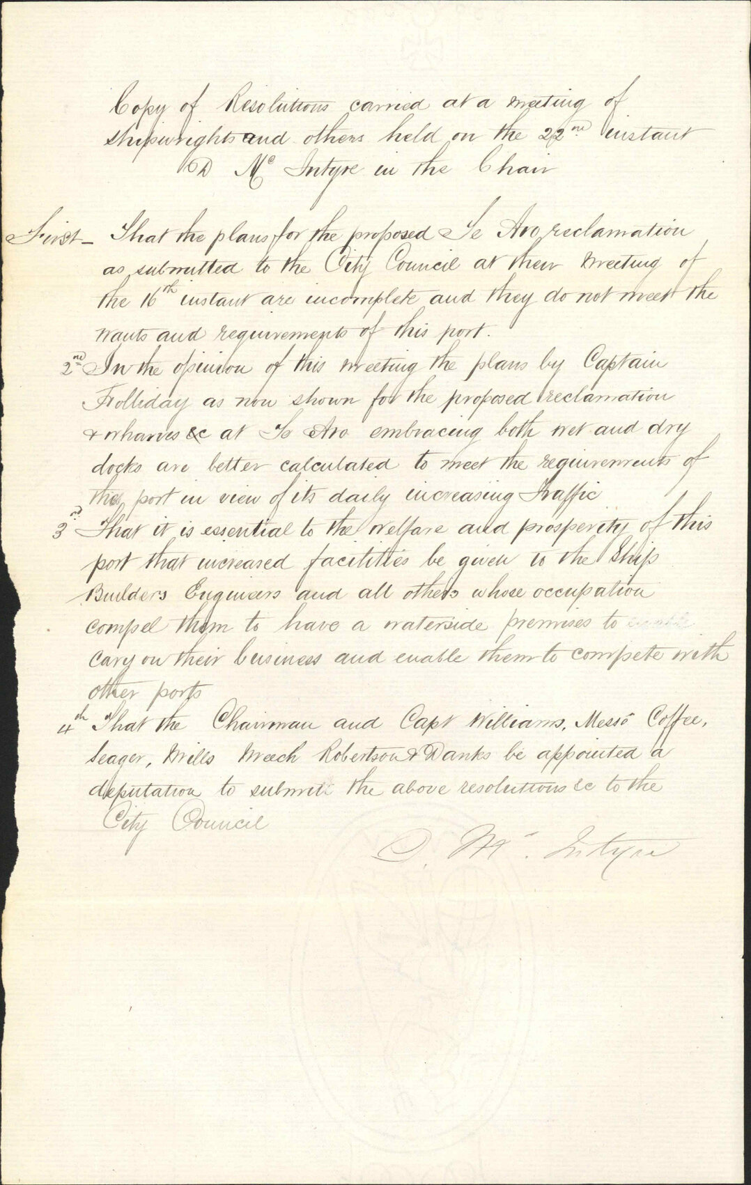 Re copy of resolutions at meeting of shipwrights - D McIntyre