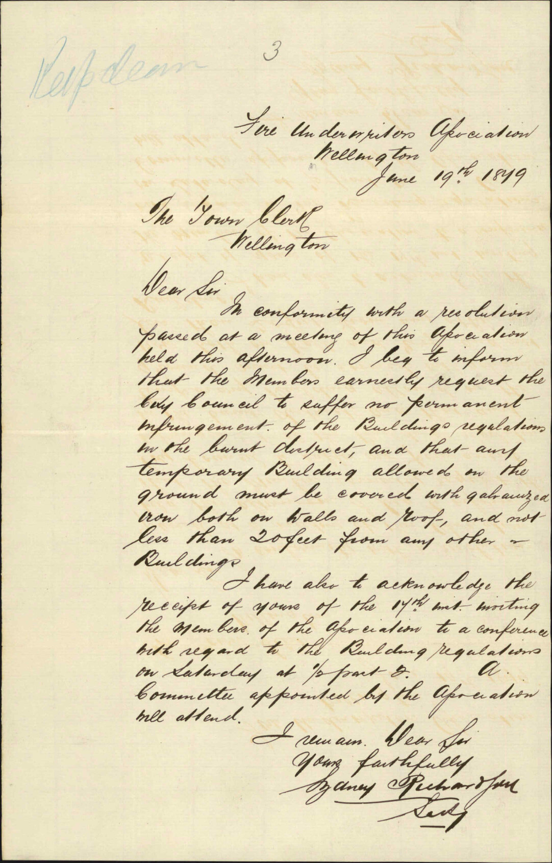 Re informing Council that building regulations must be maintained for temporary structures built after fire of 1879 - The Underwriters Association of New Zealand