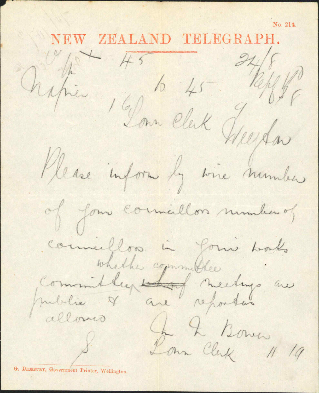 Re asking for numbers of councillors etc - Town Clerk, Napier