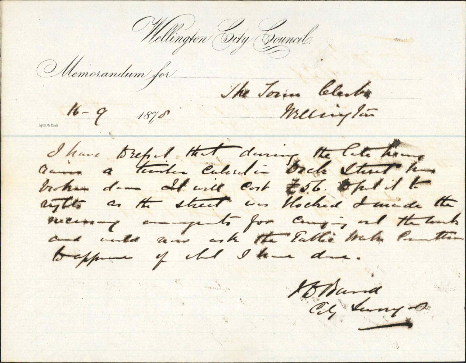 Re memo to Town Clerk re culvert carried away in Dock Street - J J Baird (City Surveyor)