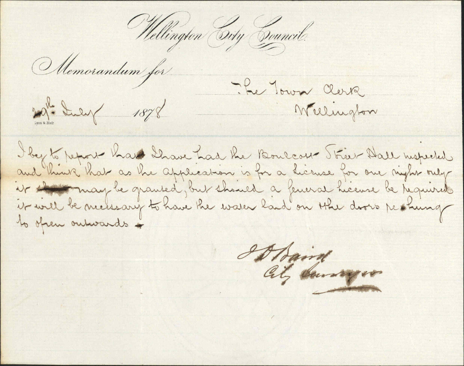 Re inspection of Boulcott Street Hall - City Surveyor memo to Town Clerk