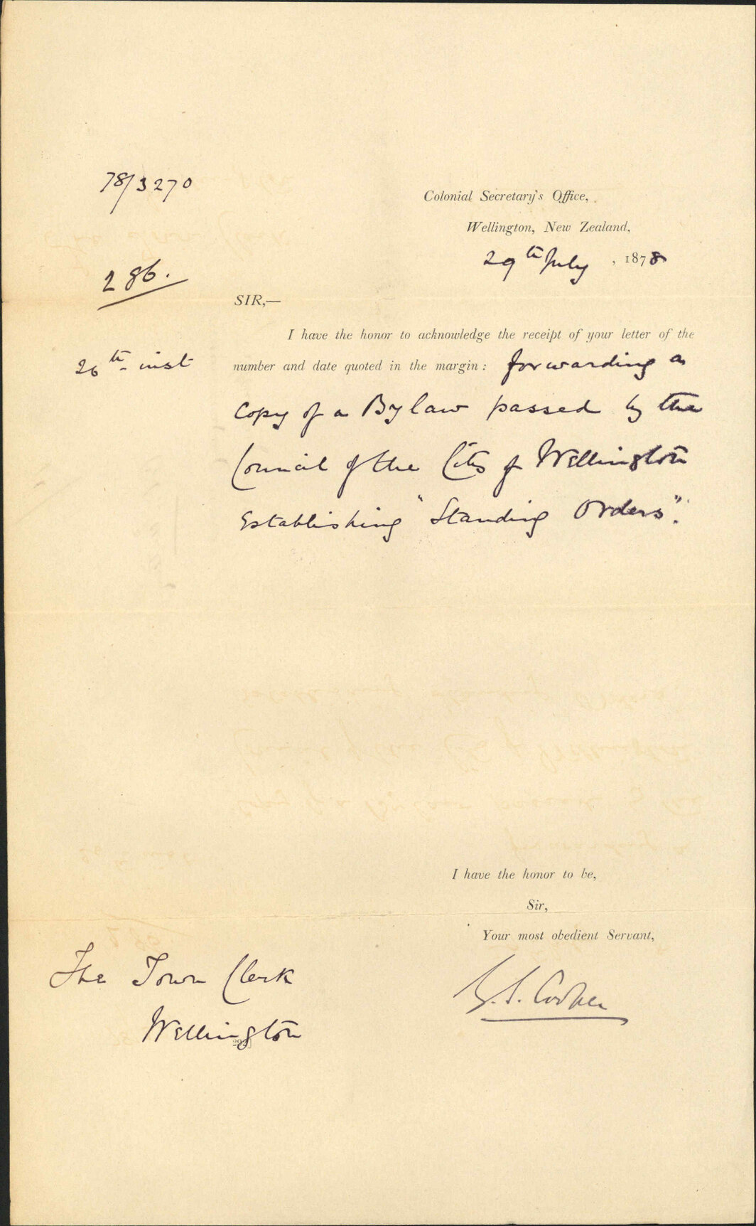 Acknowledging receipt of bylaws - Colonial Secretary