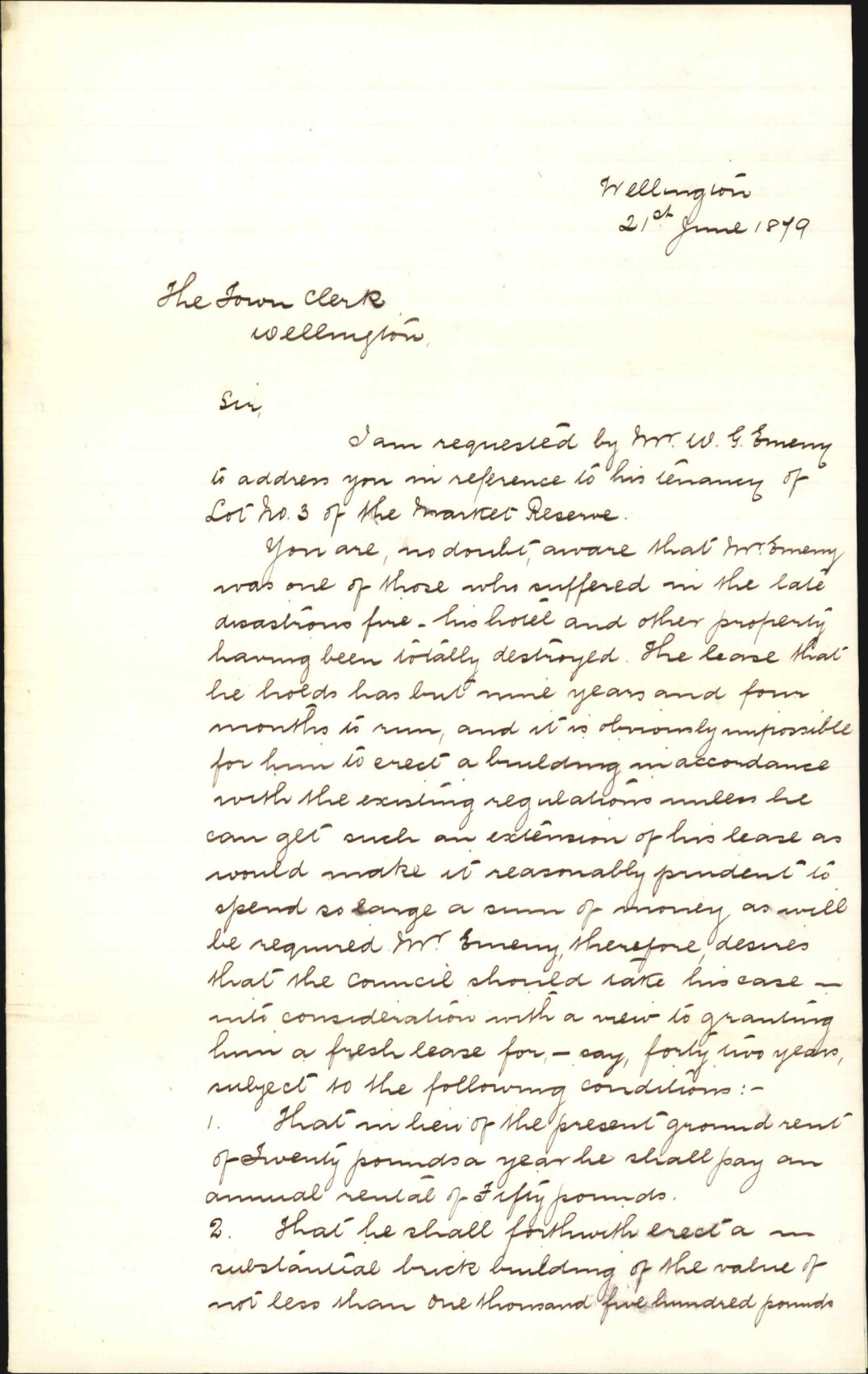 Re request on the behalf of W G Emeny that he be given permission to build a replacement hotel after his original was destroyed by fire - F W Ollivier