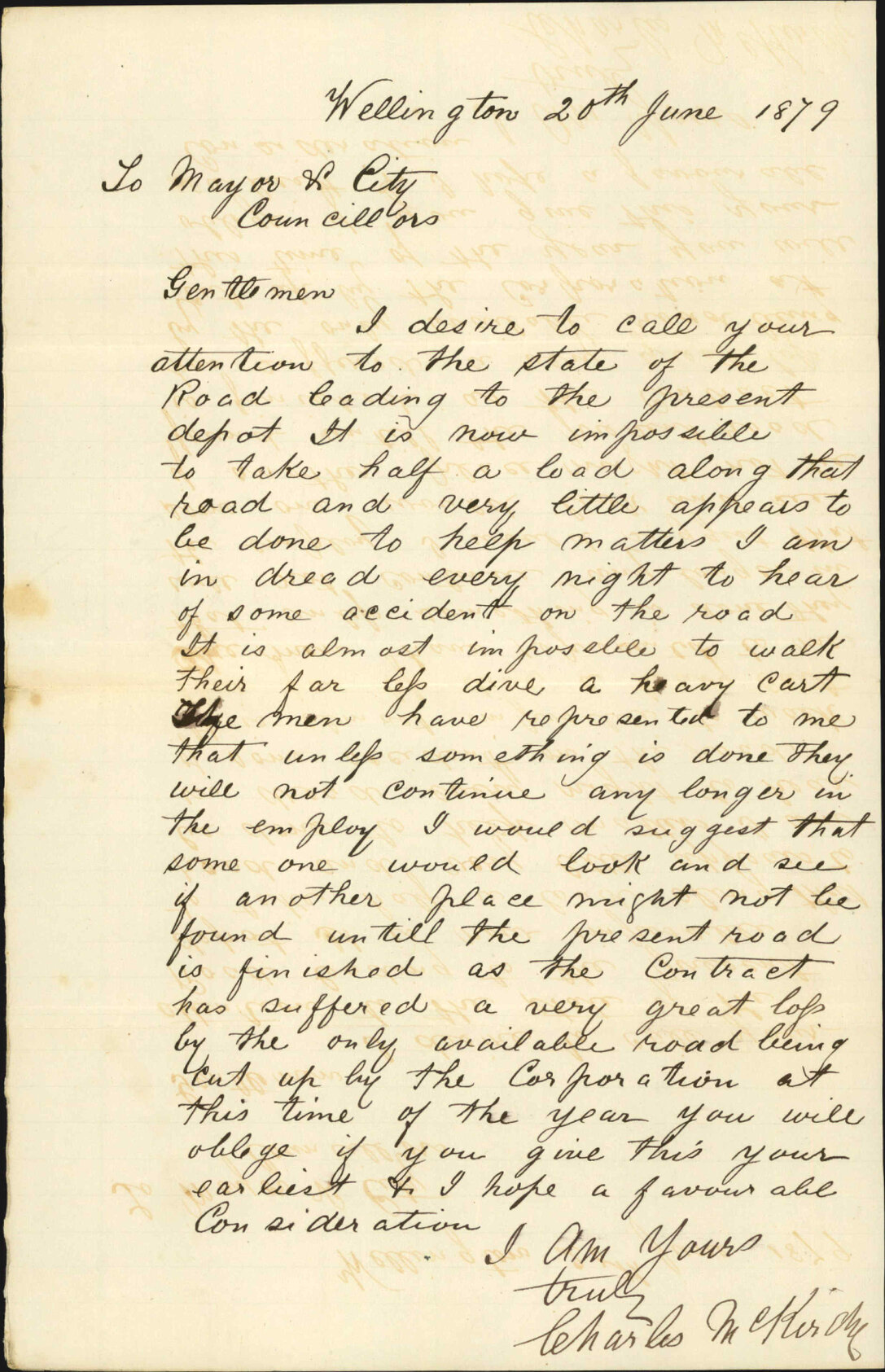 Re complaint about the state of the road leading to the depot - Charles McKirdy