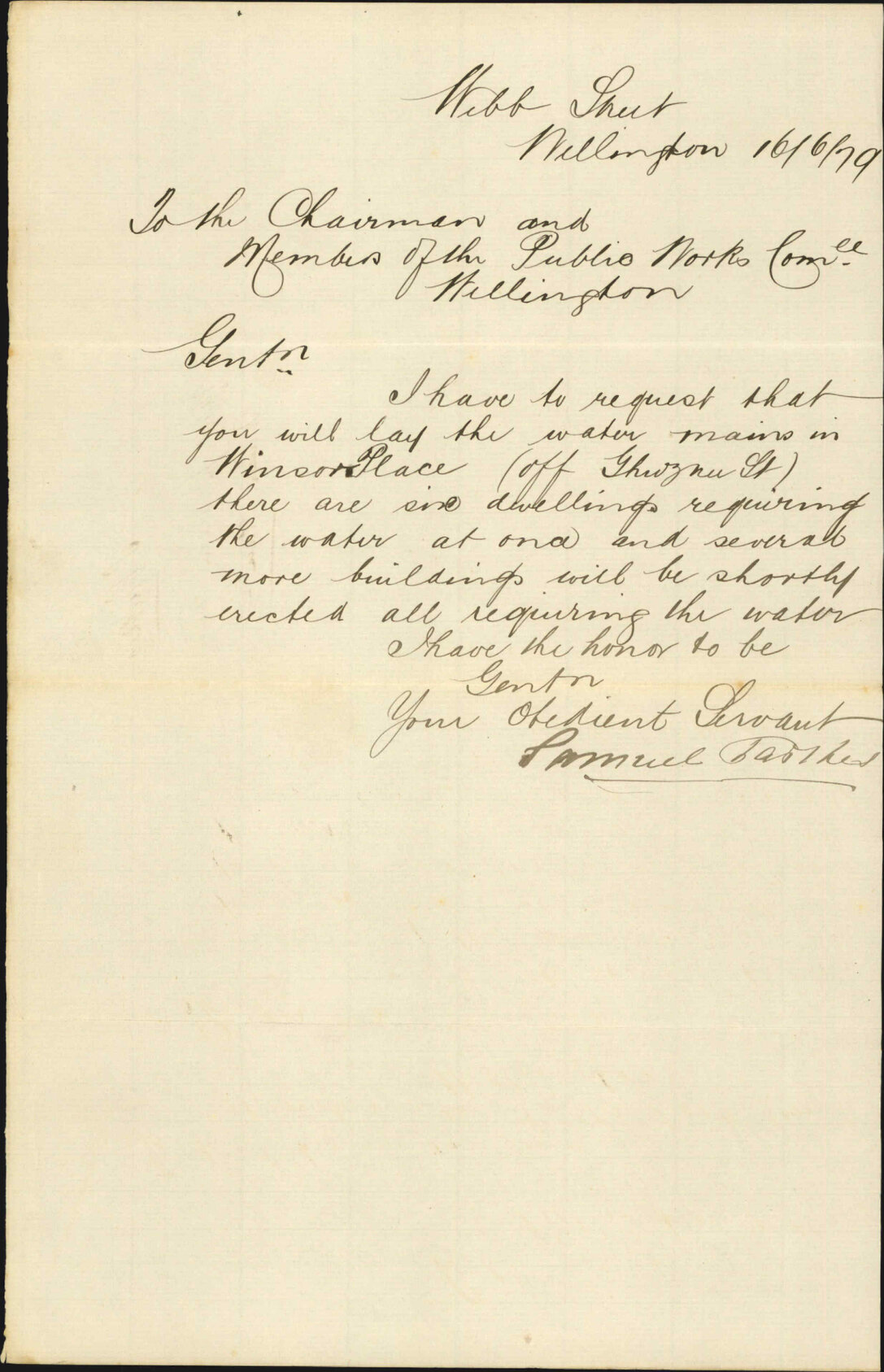 Re request that a water main be laid in [Hin ?] Place (off Ghuznee Street) - Samuel Parkes