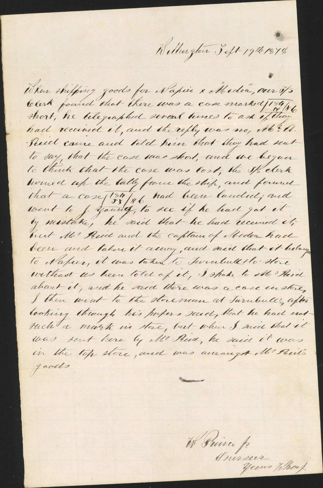 Re missing case from Medea bound for Napier - W Prince (Overseer, Queens Wharf)