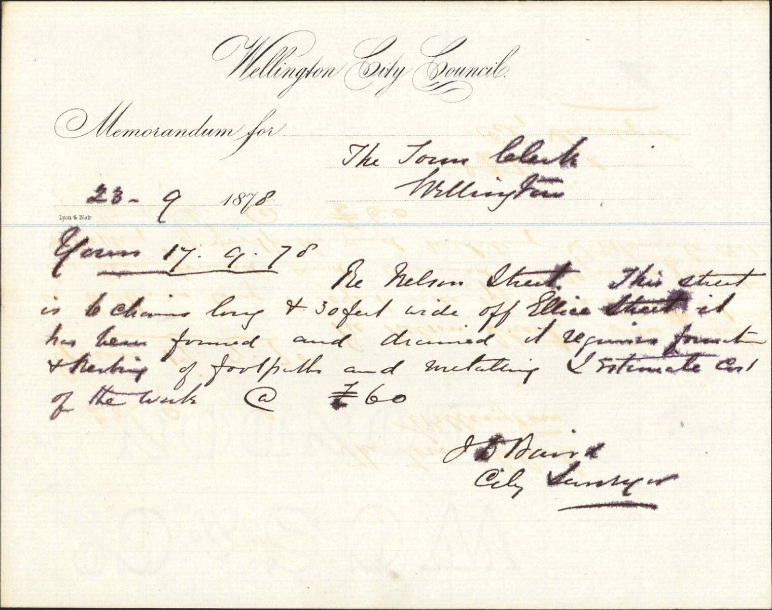 Re memo to Town Clerk re work on Nelson Street [Hania Street] - J J Baird (City Surveyor)