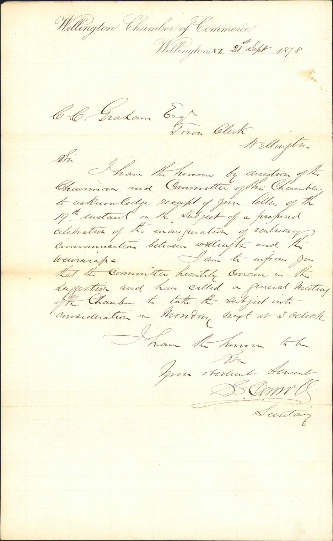 Reply regarding celebrations of completion of Wellington-Wairarapa Railway Line - Wellington Chamber of Commerce