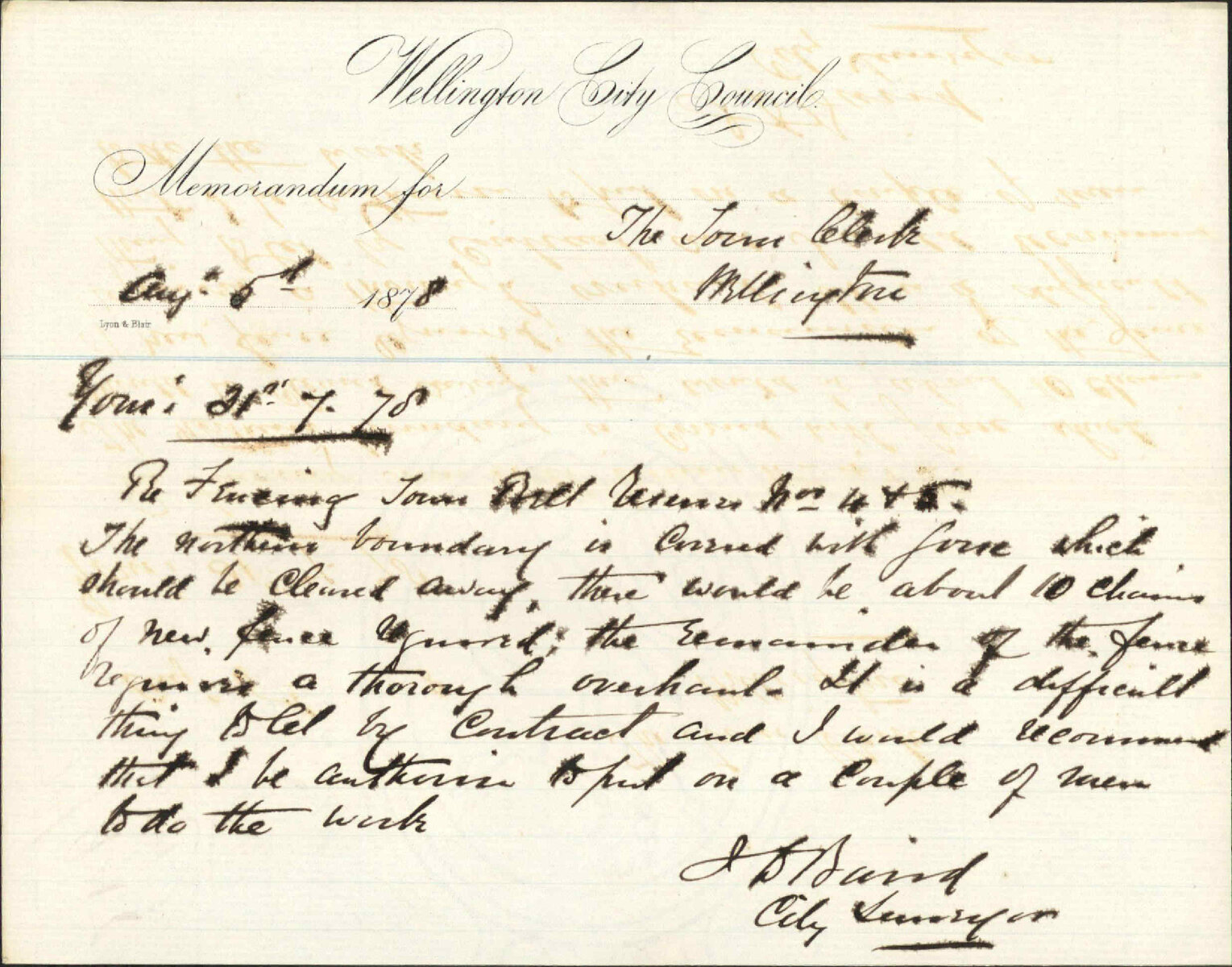 Re memo to Town Clerk re fencing Town Belt Reserve Nos 4, 5 - City Surveyor