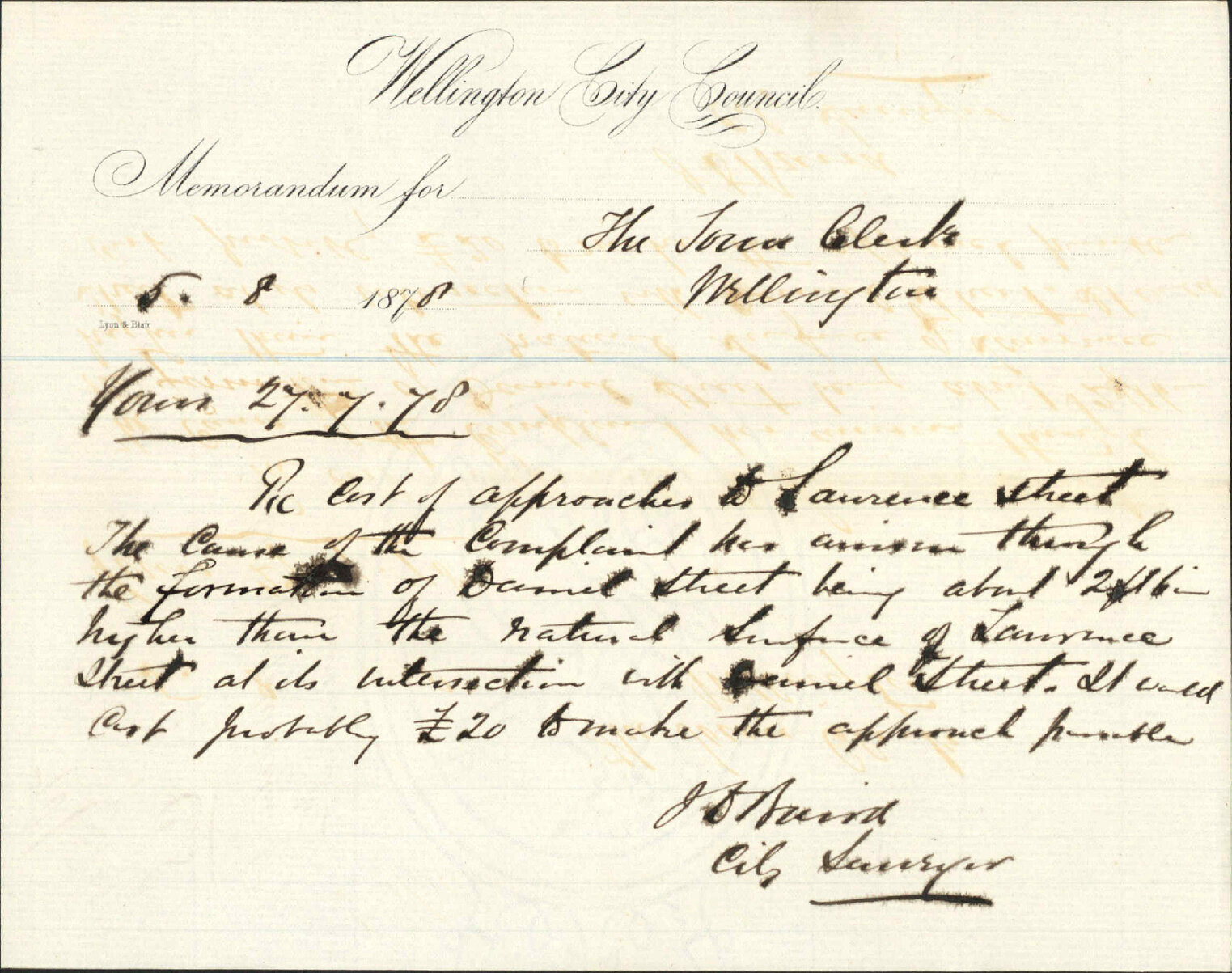 Memo to Town Clerk re cost of approaches to Lawrence Street - City Surveyor