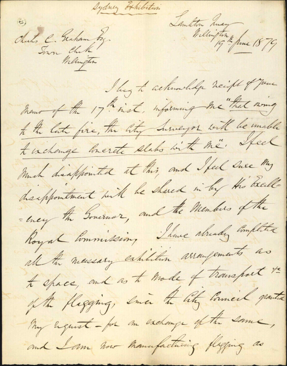 Re loan of concrete slabs in connection with the Sydney Exhibition - Charles O'Neil