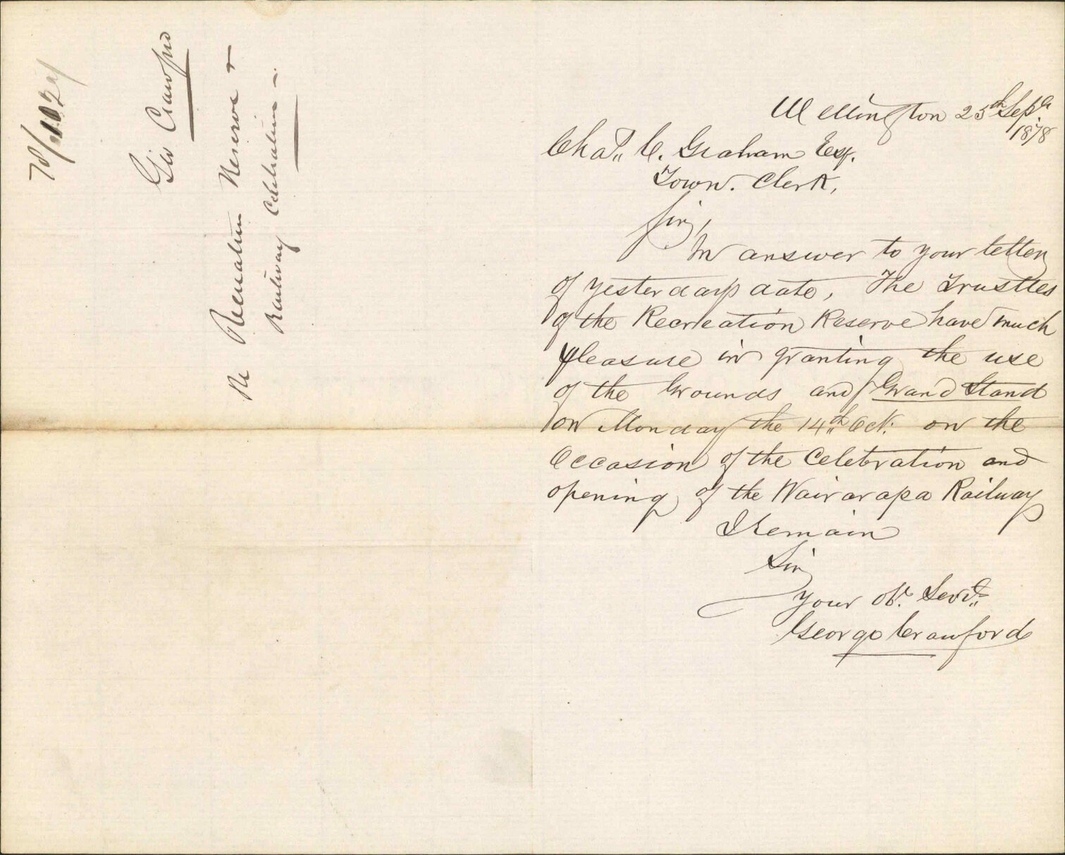 Granting use of recreation reserve and grandstand on 14th Oct for Wairarapa railway celebrations - George Crawford