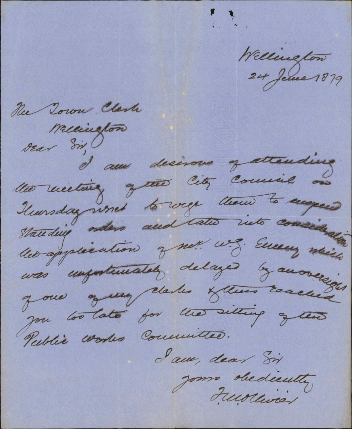 Re asking permission to appear before the Council on behalf of W G Emeny - F W Ollivier