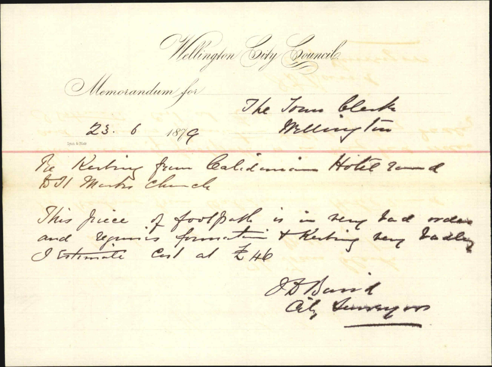 Memo re drain of Caledonian Hotel, and St Marks Church - City Surveyor