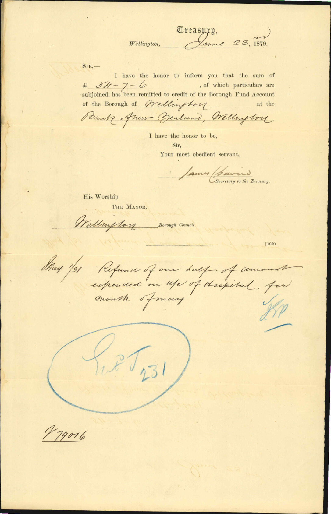 Re informing Council of refund related to amount expended on Wellington Hospital - Secretary to the Treasury