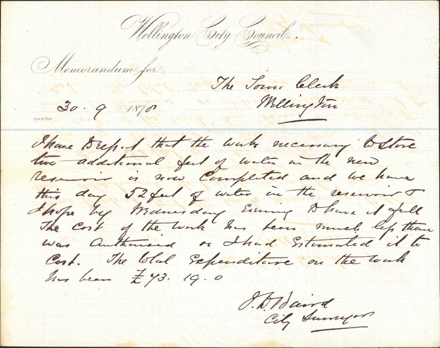 Re memo to Town Clerk re additional storage of water at reservoir - J J Baird (City Surveyor)