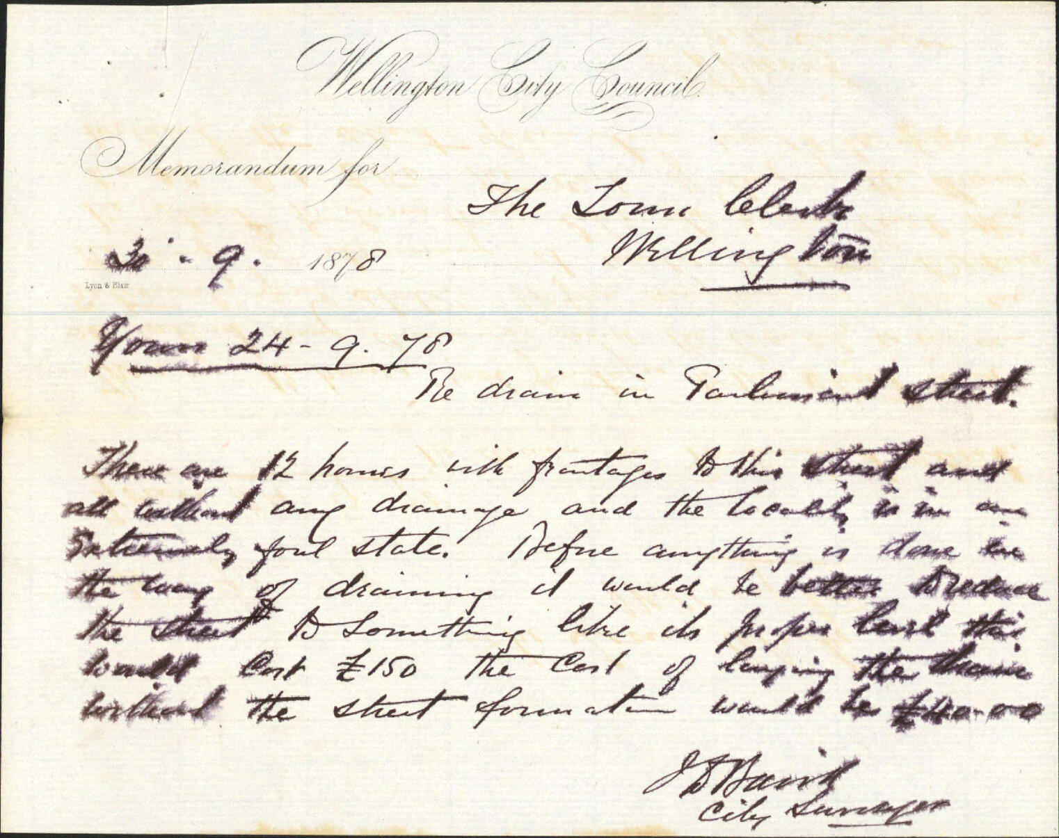 Re memo to Town Clerk re drain, Parliament Street - J J Baird (City Surveyor)