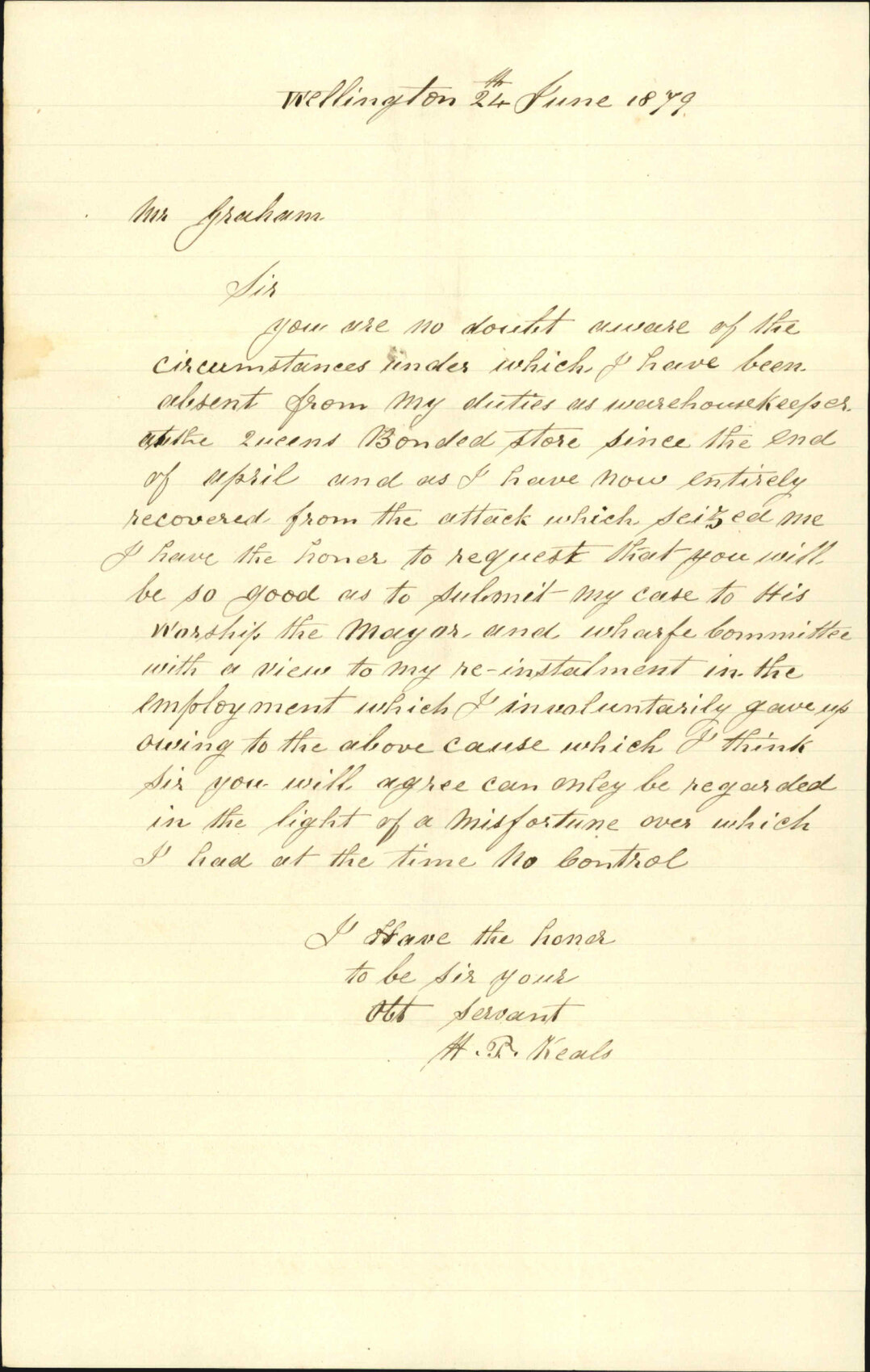 Re request by Keals that he return to his job of Warehouse Keeper which he was forced to leave after illness - H Keals