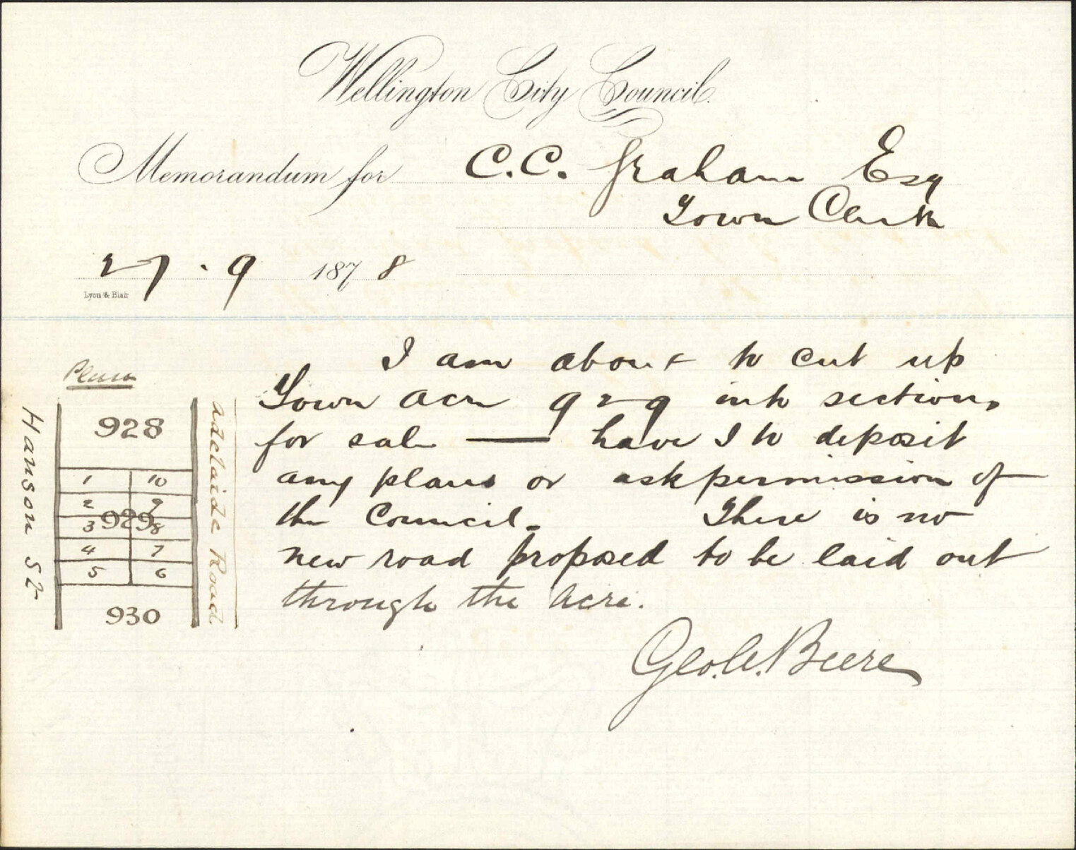 Re subdividing Town Acre 929, asking for any Council requirements - George Beere