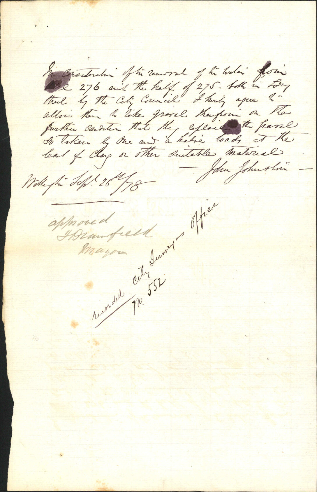 (1) Re removal of gravel from his property - John Johnston (2) Memo to Town Clerk re gravel at John Johnston's property, Tory Street - J J Baird (City Surveyor)