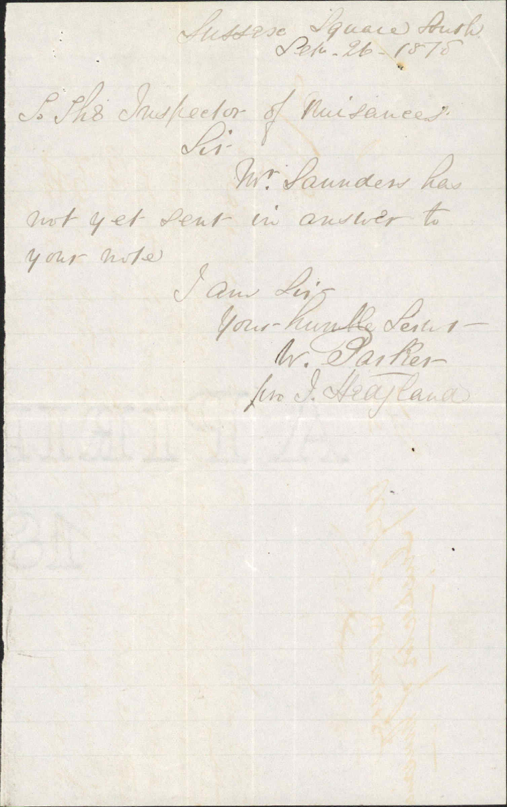 (1) Mr Saunders has not yet sent in answer to your note - W Parker (2) Memo to Town Clerk forwarding note from Mr W Parker re night-soil - Alfred Johnson (Inspector of Nuisances)