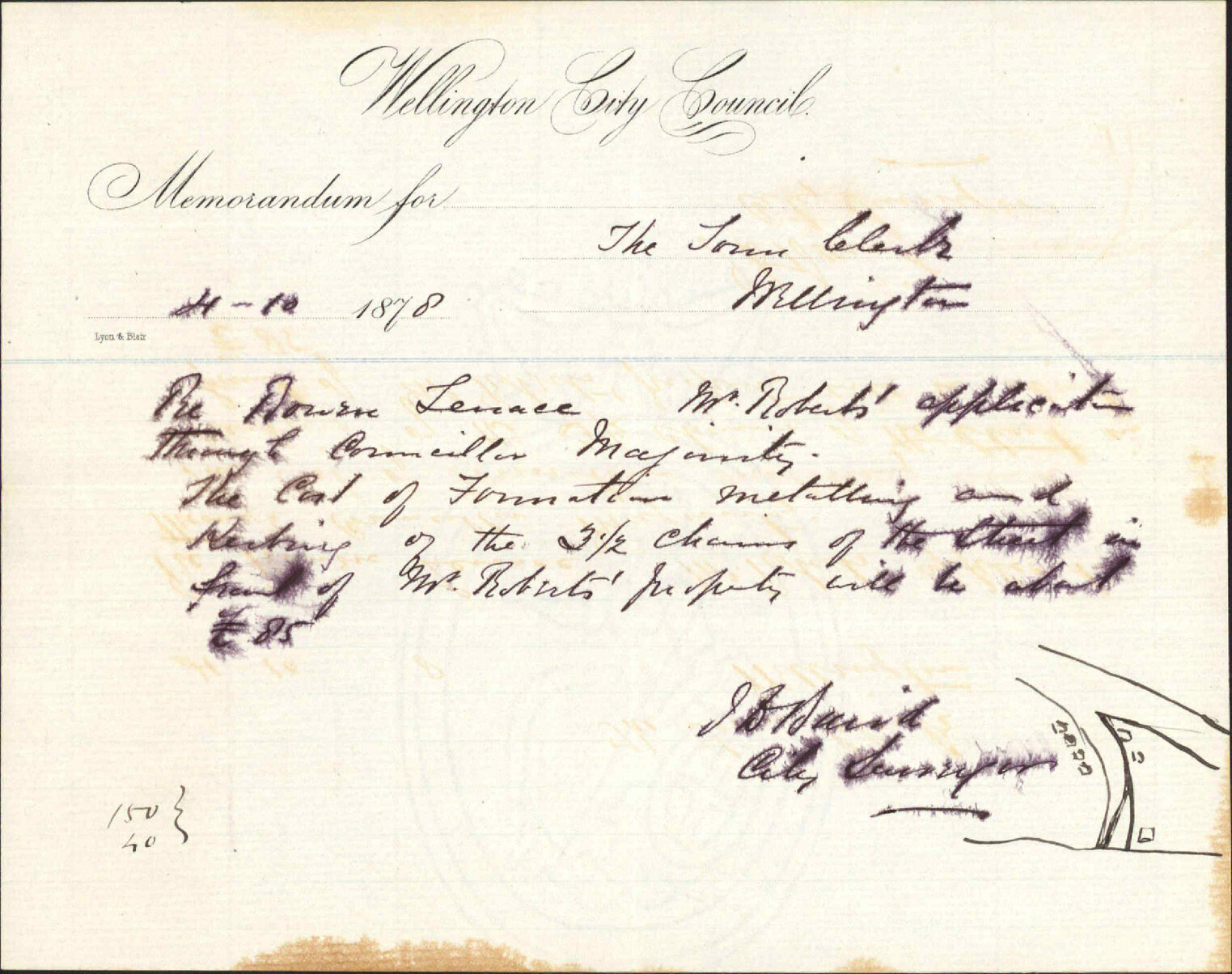Memo to Town Clerk re metalling Bowen Terrace (Mr Robert's application) - J J Baird (City Surveyor)