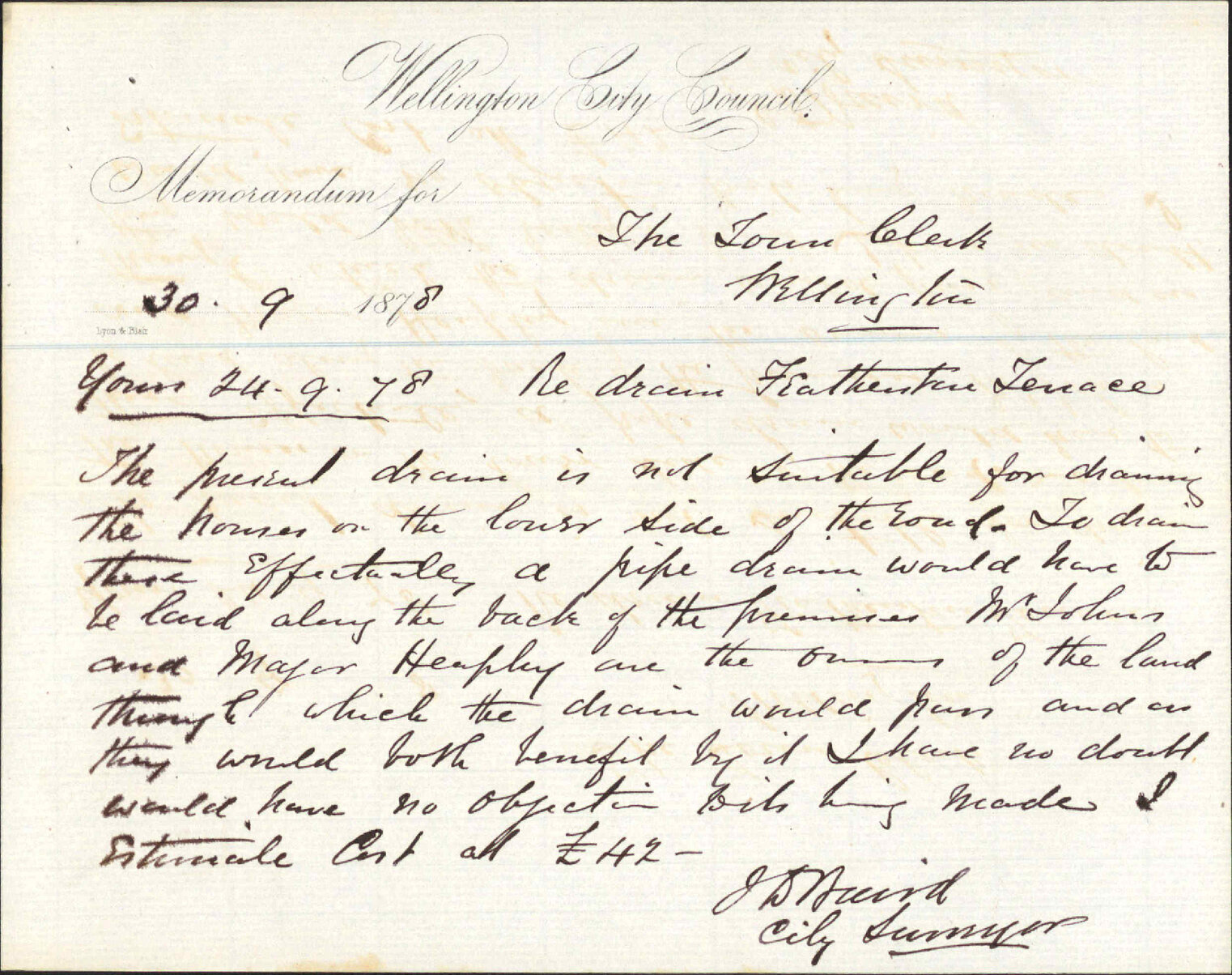 Re memo to Town Clerk re drain, Featherston Terrace - J J Baird (City Surveyor)