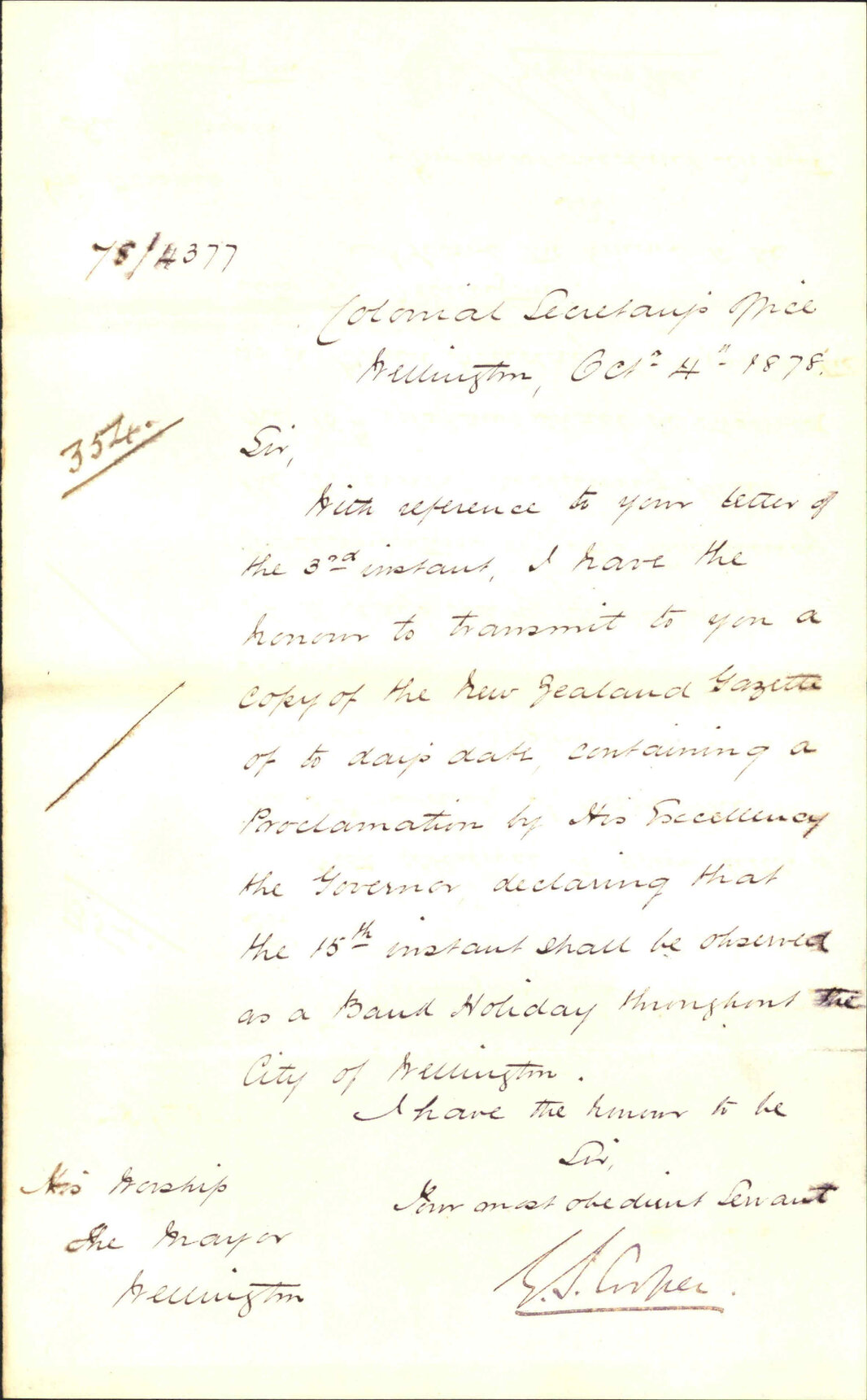 Re forwarding gazette containing proclamation re 15/10 observed as a bank holiday - Colonial Secretary's Office
