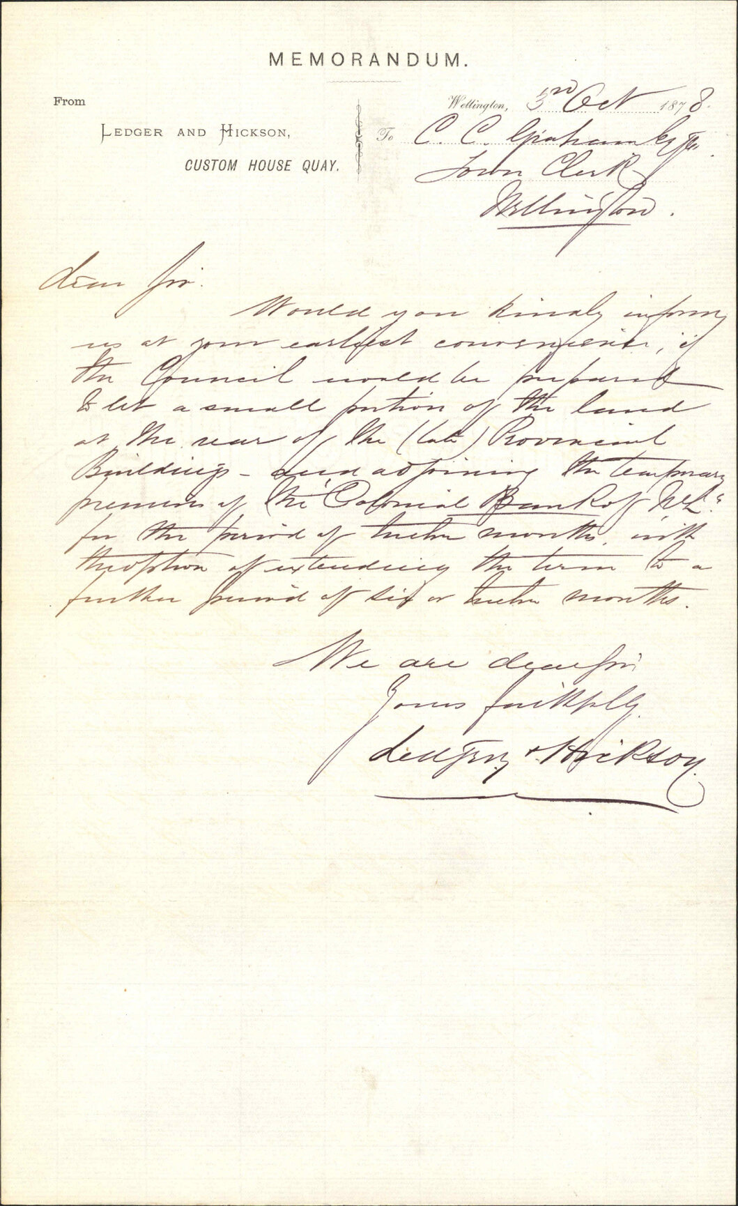 Re asking to lease a portion of Town Belt reserve adjoining the (late) Provincial Buildings - Ledger and Hickson