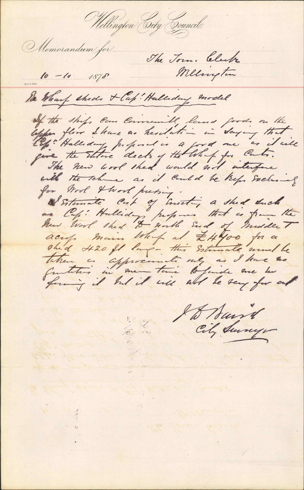 Re memo to Town Clerk re wharf sheds and Captain Halliday's model - J J Baird (City Surveyor)
