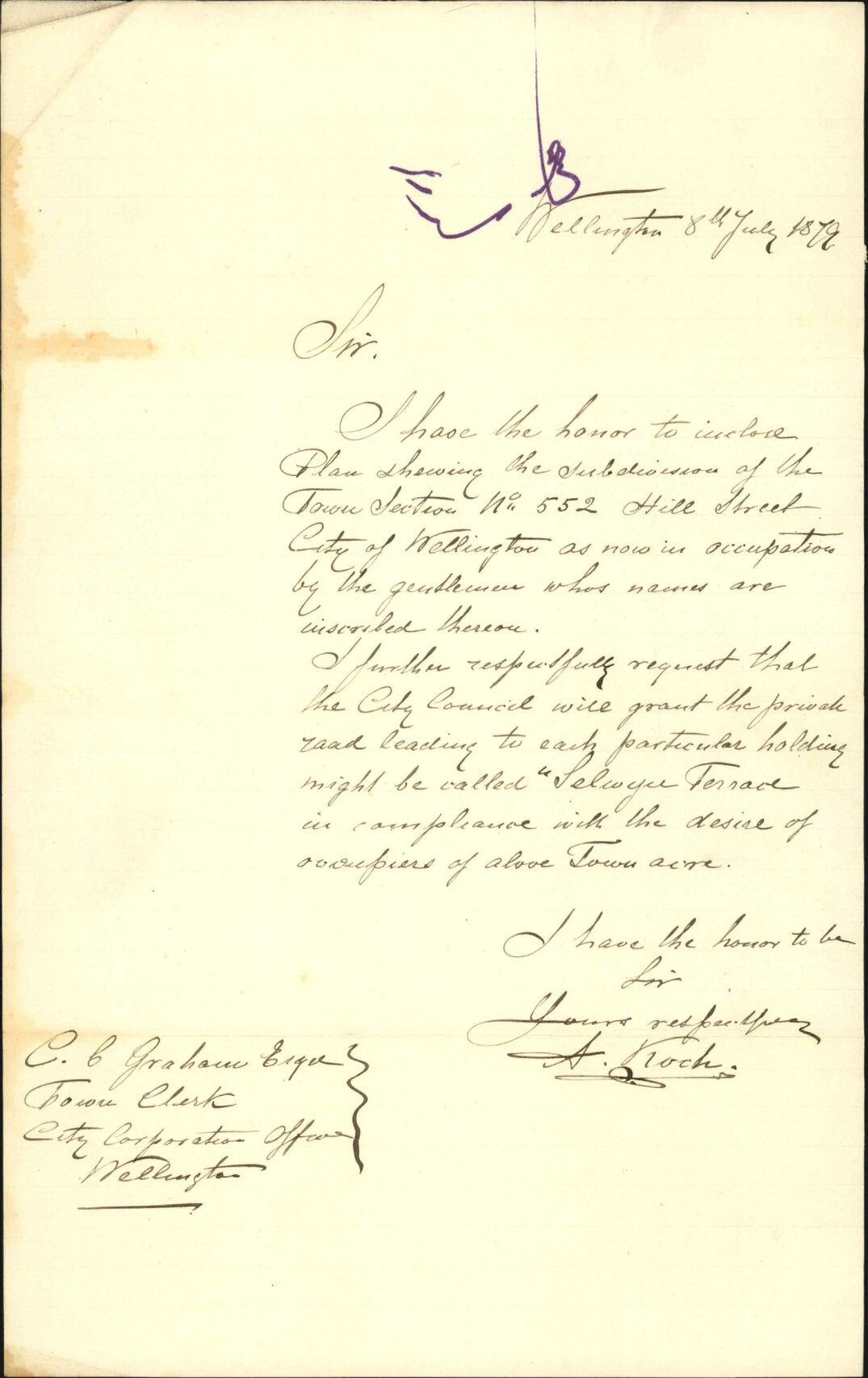 Re subdivision of Section 552, and the request for the formation of a private right of way to be called Selwyn Terrace - A Koch
