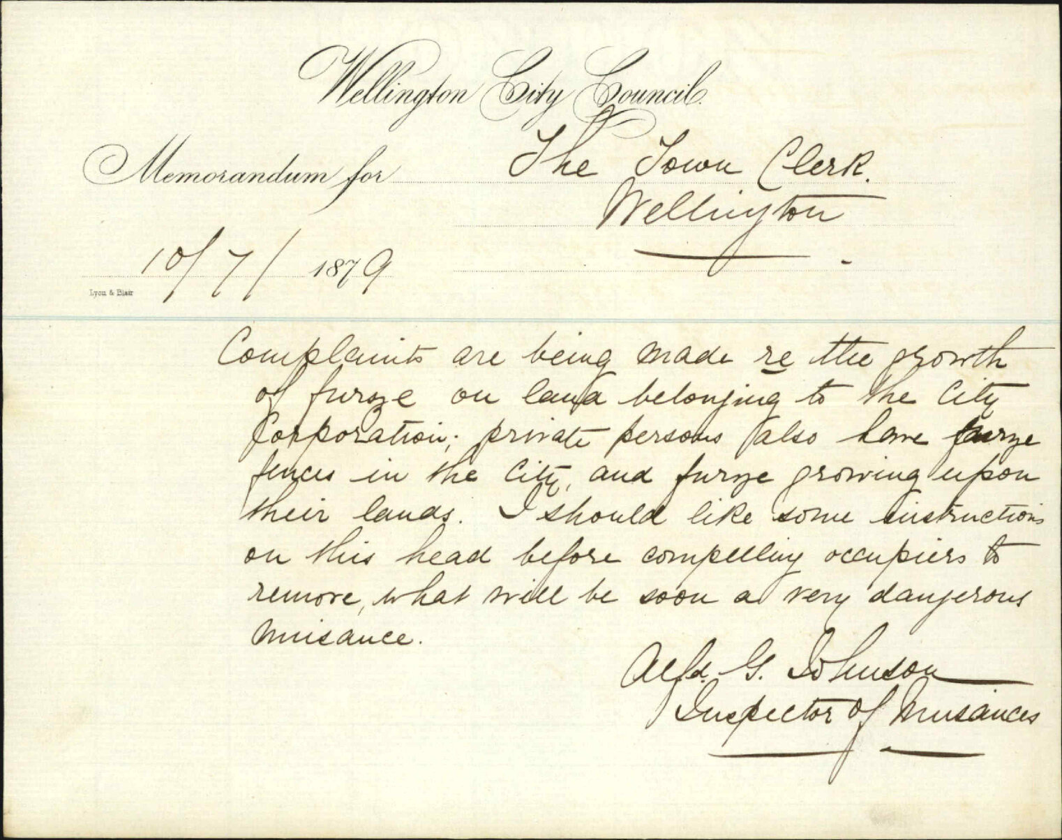 Re dumping of [?] on Council land - Inspector of Nuisances