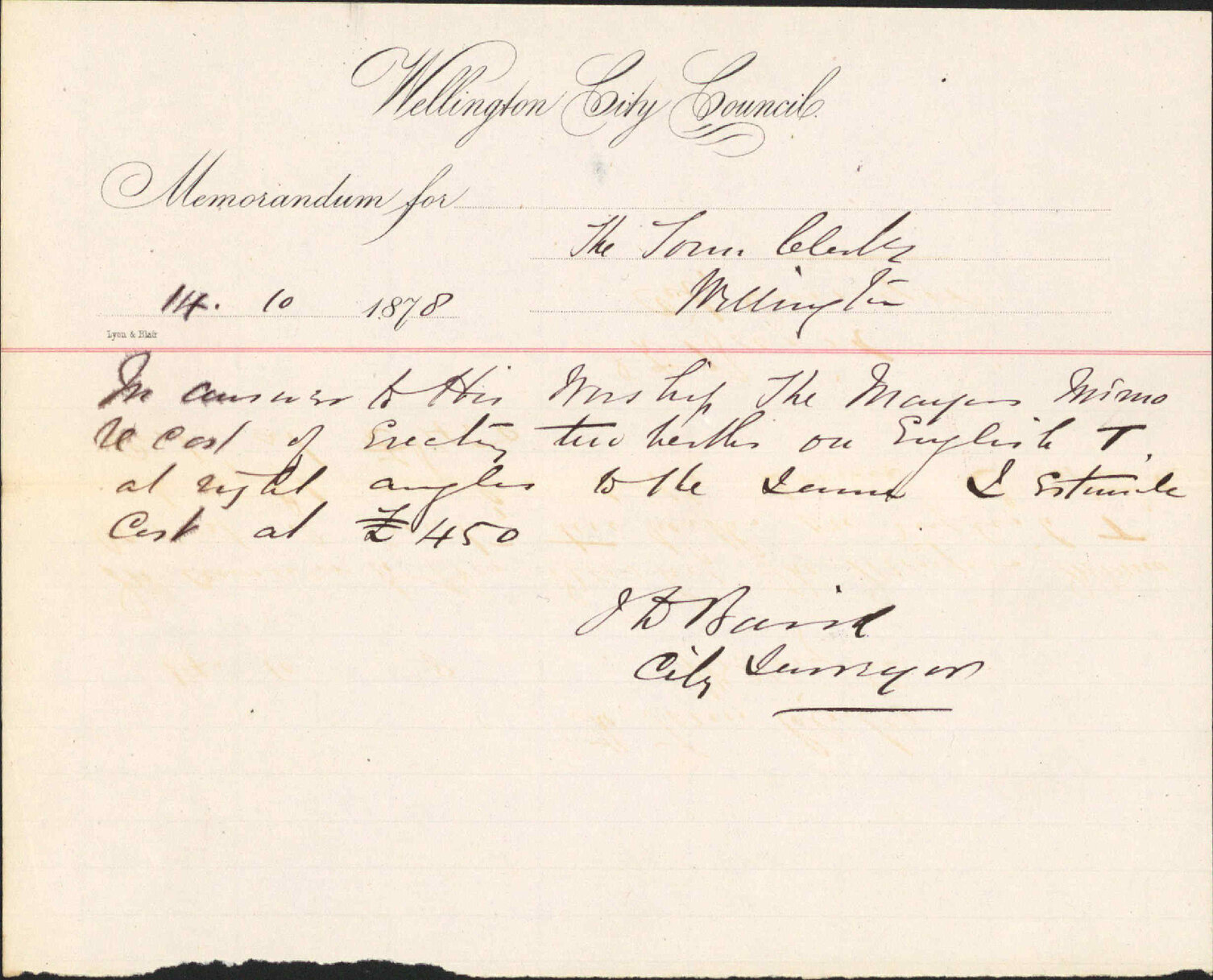 Memo to Town Clerk re cost of additions to Queens Wharf - J J Baird (City Surveyor)