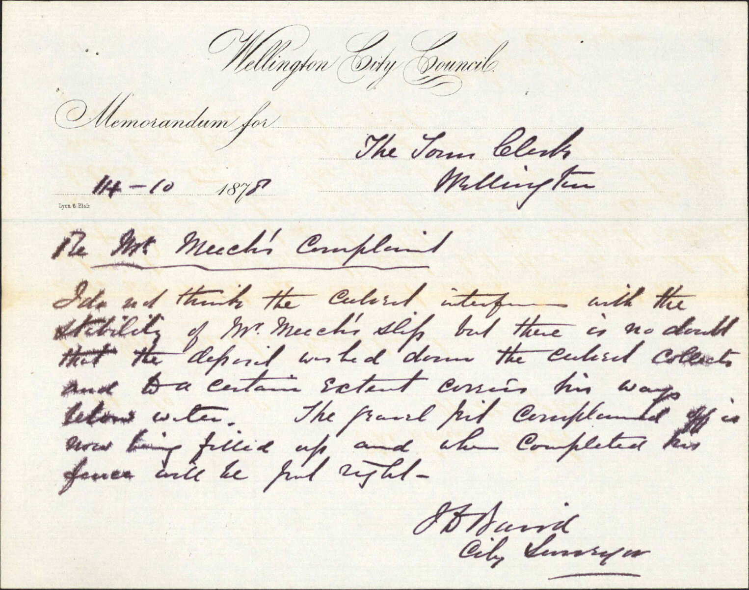 Memo to Town Clerk re Mr Meek's complaint as to his slip - J J Baird (City Surveyor)