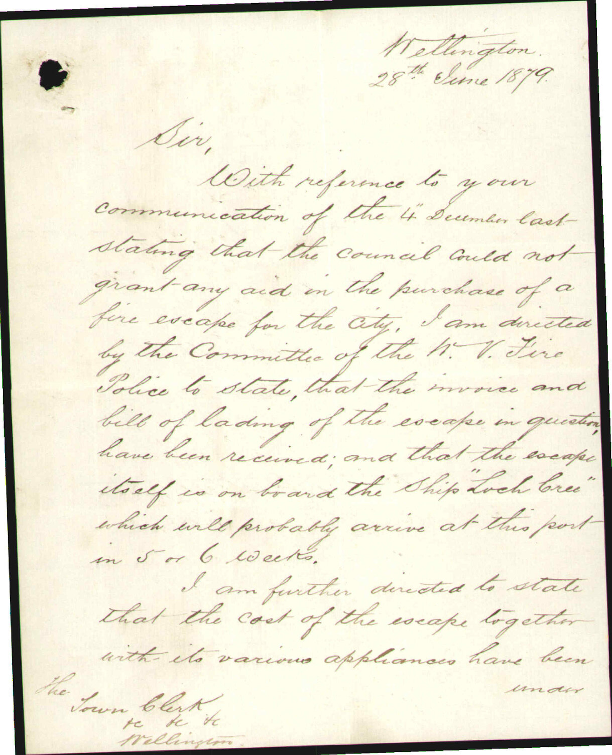 Asking for a grant in aid of a fire escape - J Wilson, Secretary of the Wellington Volunteer Fire Police