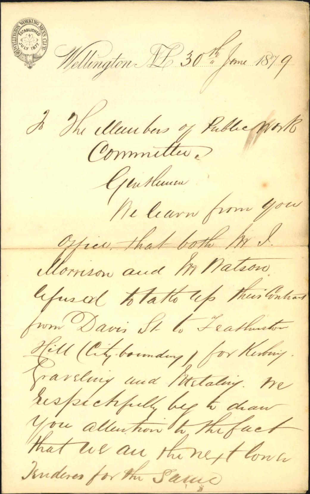 Re that the club is willing to take up the contract to do road work from Davis Street to Featherston Street - M Moore / Wellington Working Mens Club